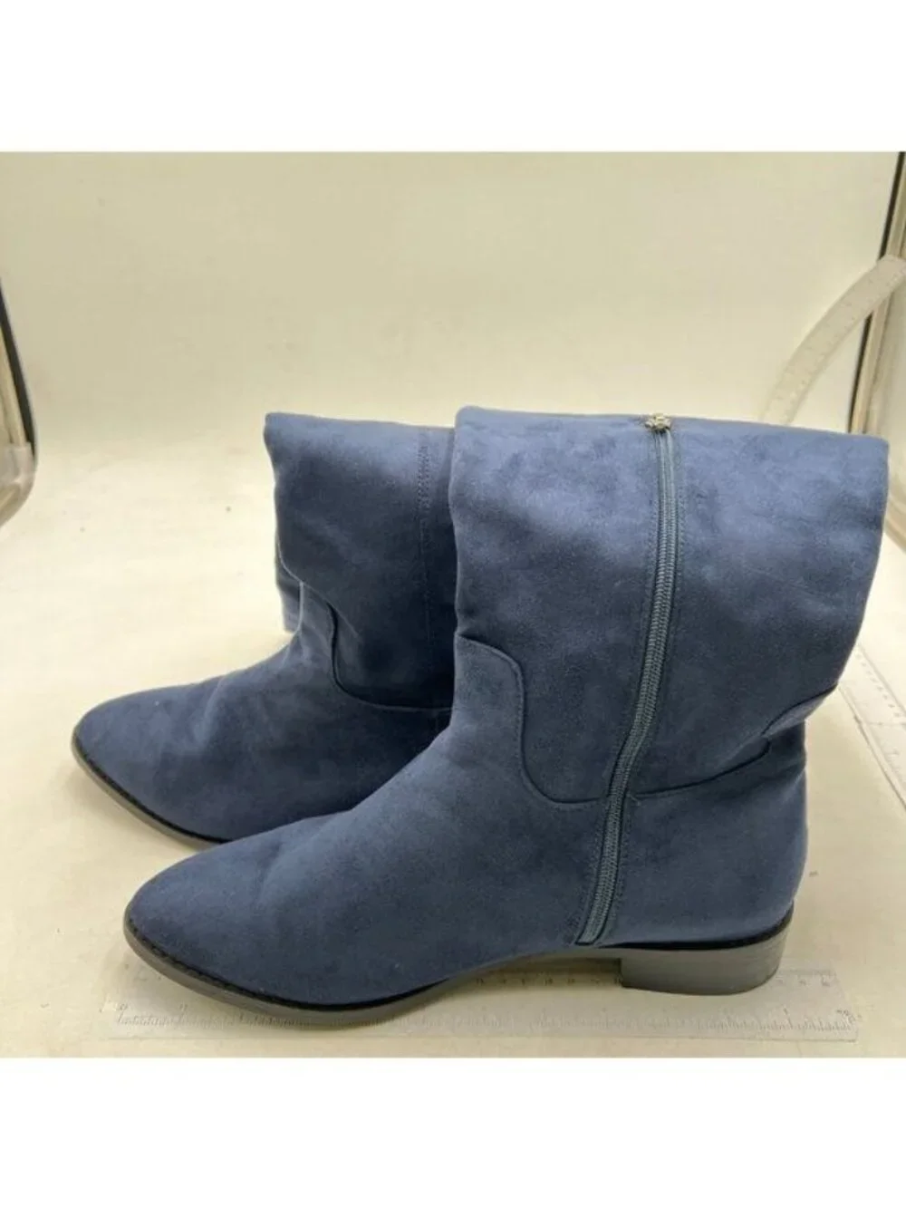 Pazzion Women Almond Toe Knee High Boots with Partial Zipper Stretchy Cold Blue